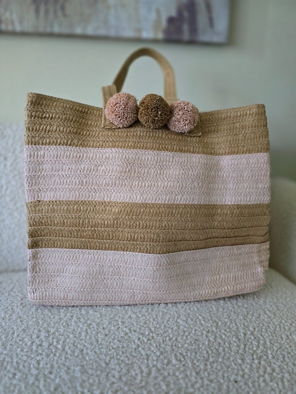 BTB Los Angeles Straw Pom Pom Tote Bag Blush Pink